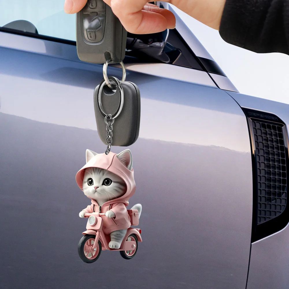 Creative 2d Acrylic Keychain Cute Driving Cat Pendant Home Tree Window Hanging Decor Gift Pet Lover Car Backpack Animal Ornamen