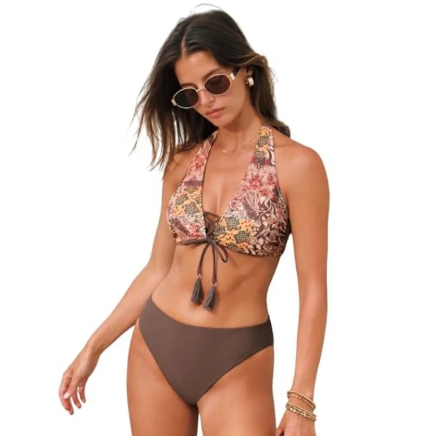 CUPSHE Women's Bikini Set Sexy Two Pcs Swimsuit Halter Strap Self Tie Bathing Suit Full Coverage