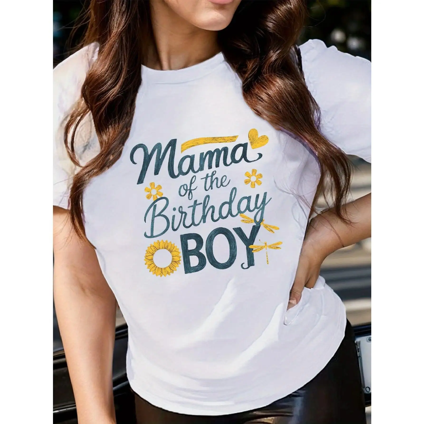 

Mama of the Birthday " Graphic Tee - Soft, Casual Crew Neck, Short Sleeve, Floral & Butterfly Design, Spring/Summer Women's Top
