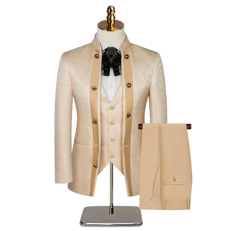 

New Chinese Style Wedding Suit Three-Piece Set for Groomsmen Large Size Men's Fashionable Wedding Ceremony Attire