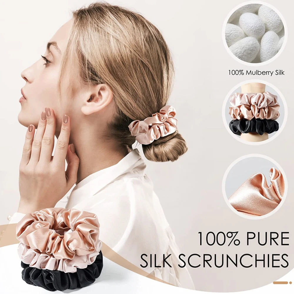 3PCS 100% Pure Mulberry Silk Hair Scrunchie Handmade Hairbands Women Girl Hair Accessories Pure Color Natural HairTies