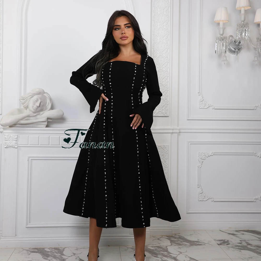 Vestido de noite formal personalizado com gola quadrada, linha a, mangas completas com cristal, vestido de festa drapeado, comprimento de chá, vestido de baile