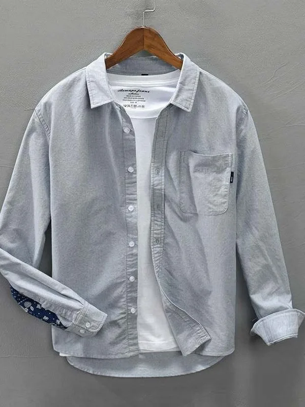 Retro Style Patchwork Long Sleeve Men's Shirt Casual Comfortable Standard Fit Polyester Fiber Spring Autumn Wear for Youth