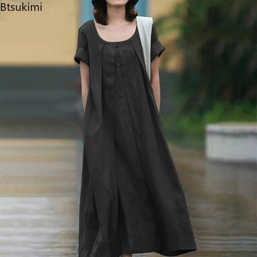 2024 Summer Pleated Temperament Casual Long Dress Women's Solid Cotton Linen Loose Short-sleeved Dresses Women Maxi Dress S-5XL