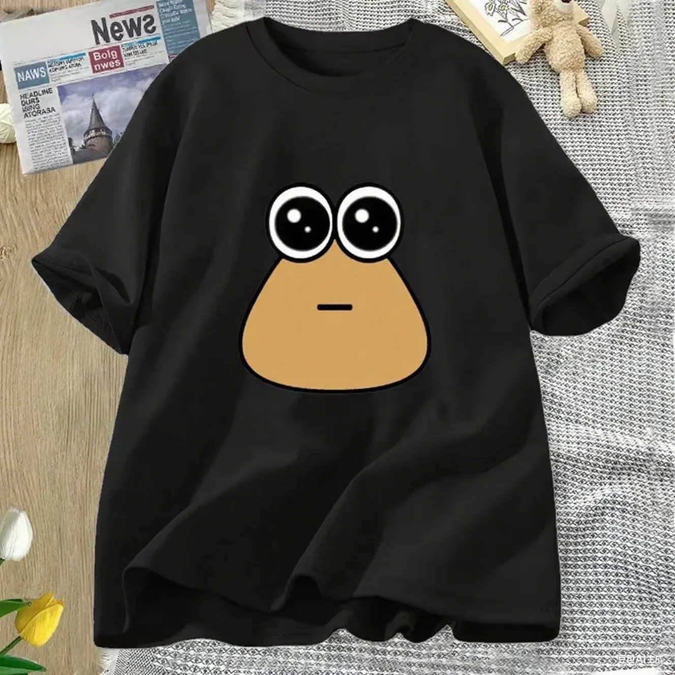 تي شيرتات نسائية Hungy Pou Uwu ، تي شيرت كبير الحجم ، توبات مطبوعة مضحكة ، ملابس شارع ، تي شيرت قصير الأكمام