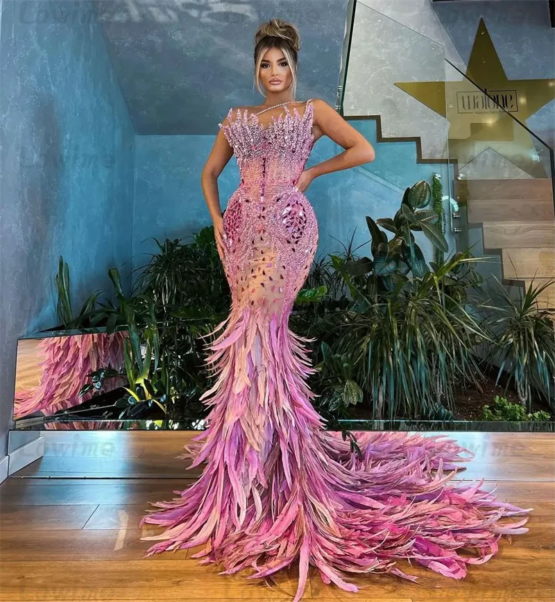 Glamorous Pink Mermaid Prom Dress Customized Feathers Celebrity Dresses Long Arabic Crystals Evening Gowns Vestido De Noite 2024
