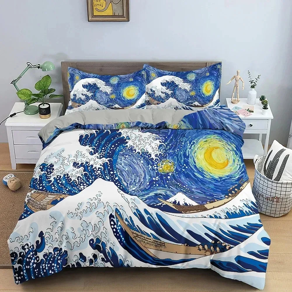 Big Wave Japanese Art Abstract Bedding Set Boys Girls Twin Queen Duvet Cover Pillowcase Bed Kids Adult Home Textileextile