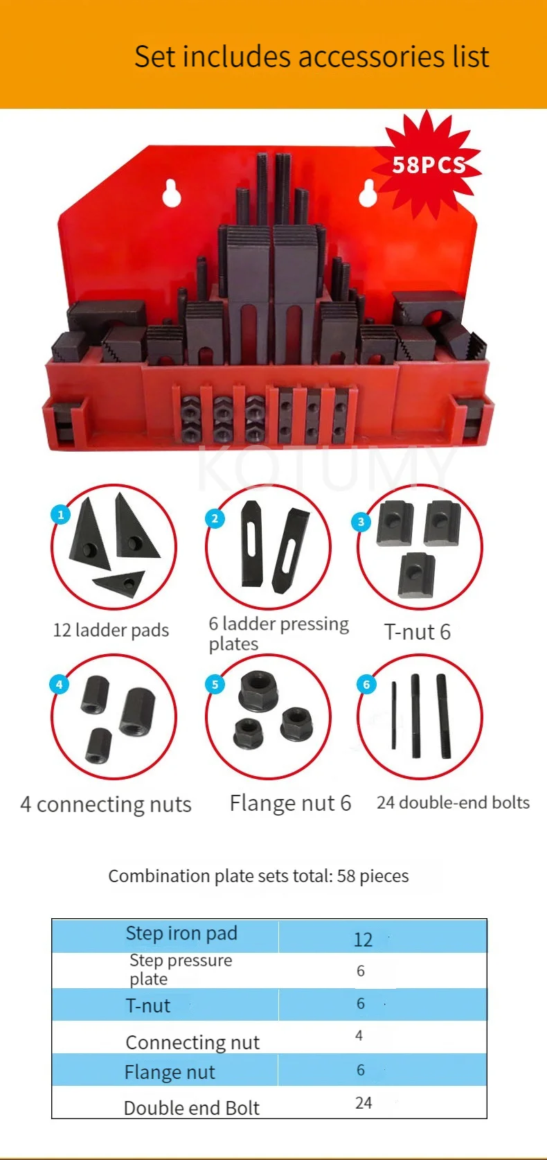 M8 M10 M12 M14 M16 M20 M24 Tool Combination Platen Mold Parts 58PCS/Set Milling Machine Pressure Plate Universal Clamp Group Cod