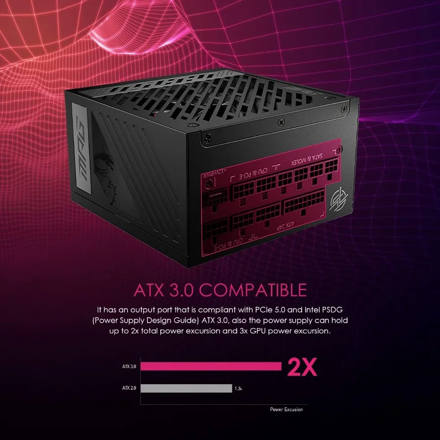 مصدر طاقة الألعاب MPG A850G PCIE 5.1 وATX 3.1 - وحدات كاملة - 80 Plus Gold Certified 850W - 100% ياباني 105 ° مكثف C