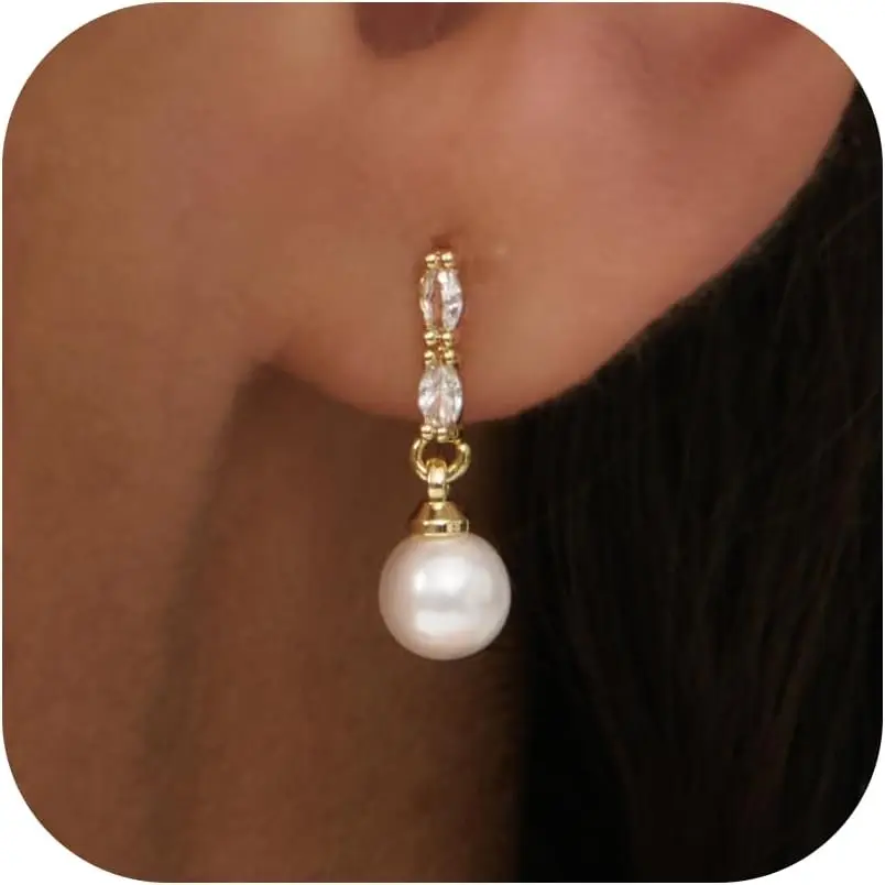14K Gold Plated Stainless Steel CZ Pearl Earrings for Women - Bridal Pearl Drop Earrings Elegant Wedding Studs for Brides Women
