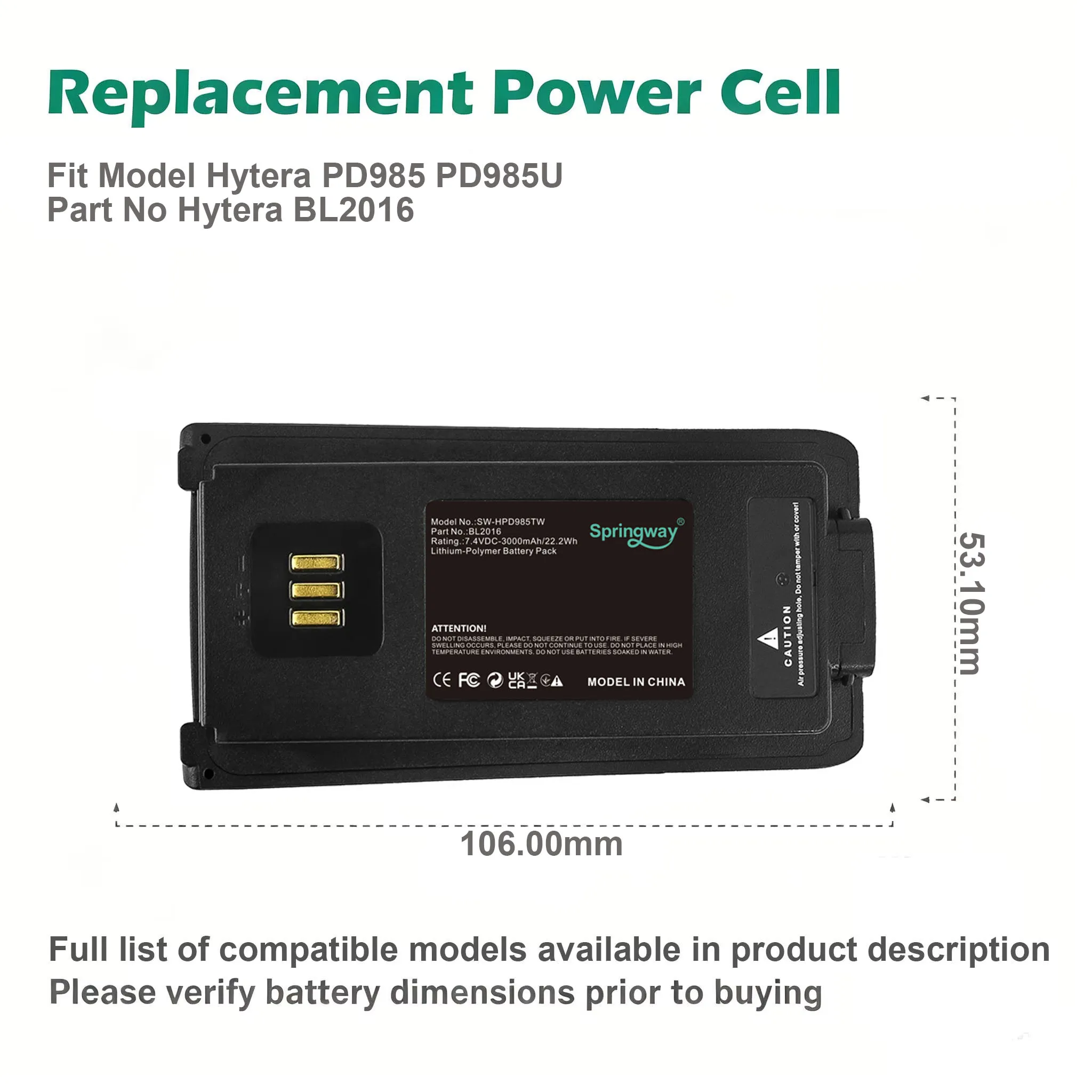 7.4V 3000mAh 22.2Wh BL2016 Li-Polymer Battery For Hytera PD985 PD985U Two Way Radio Walkie Talkie Replacement Power Pack