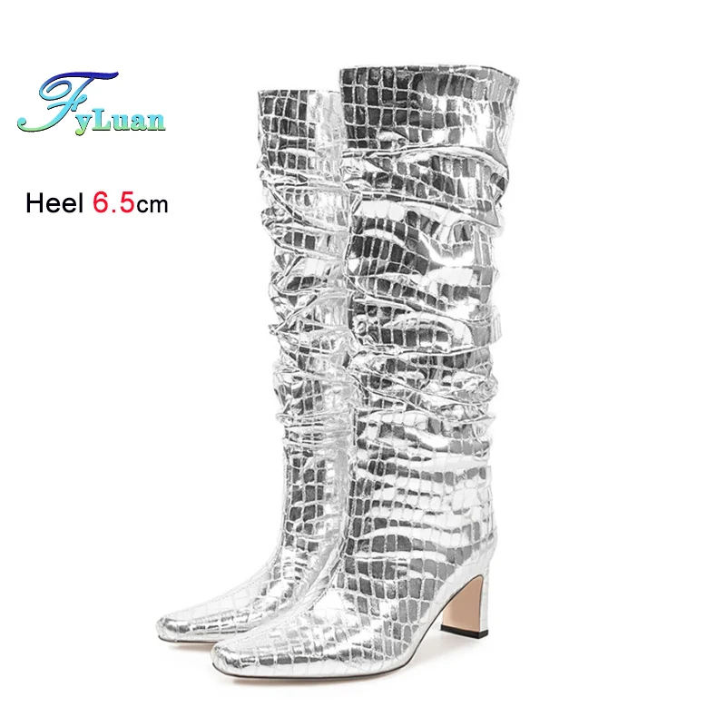 

Silvery Knee-high Long Boots Woman 6.5CM High Heels Square Toe Stackable Boots T Show Europe and America Sexy Big Size Shoes CD