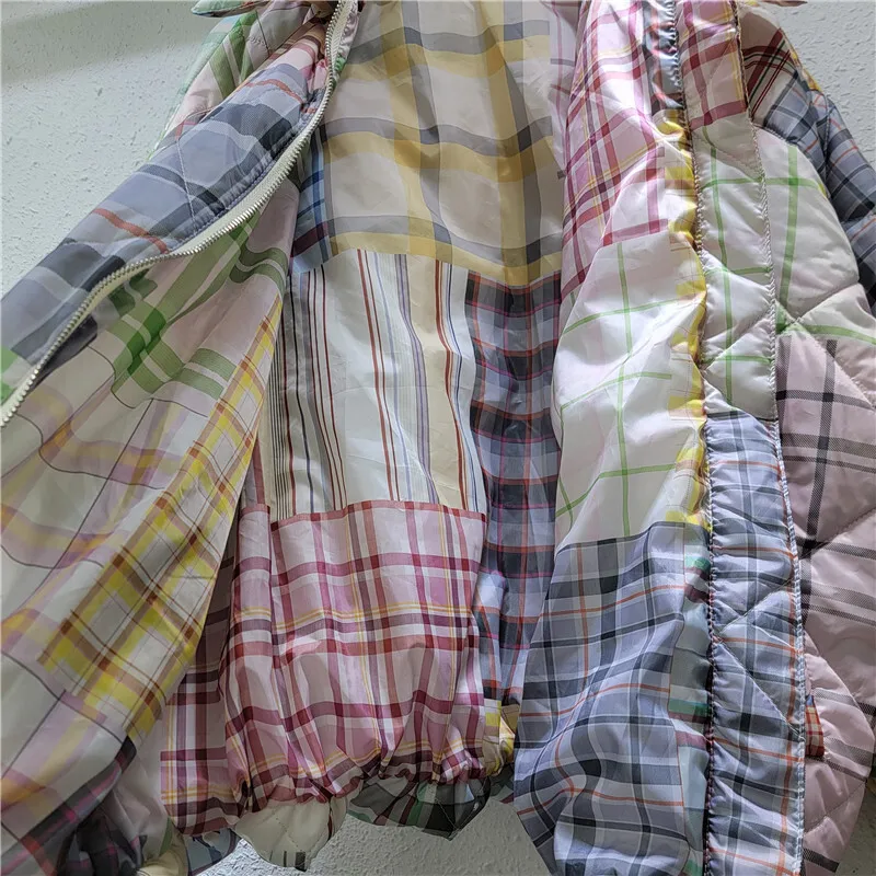 DEAT frauen Mantel Patchwork Plaid Kontrast Farbe Gedruckt Baumwolle gefütterte Dicke Kausalen Jacken 2024 Winter Neue Mode 29L9075