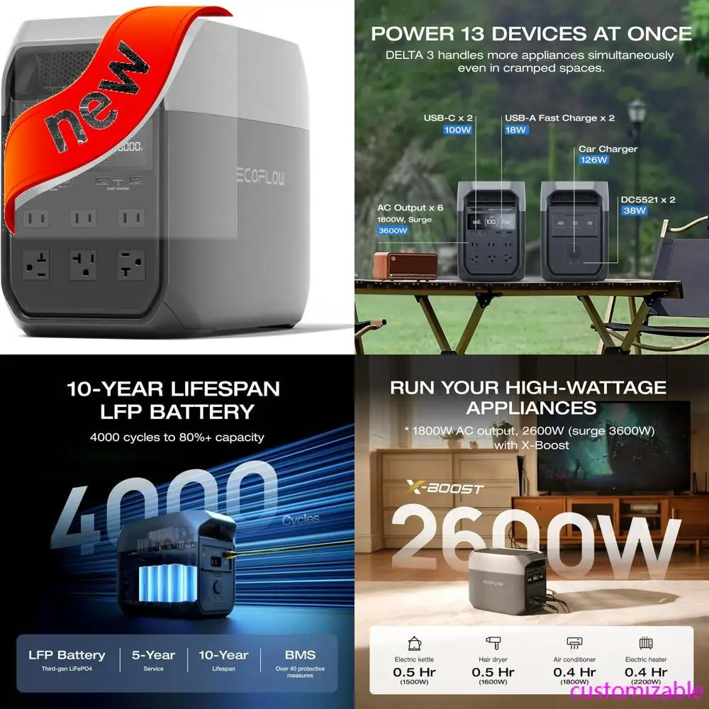 2025new-EcoFlow Delta 3: محطة طاقة محمولة مع بطارية LiFePO4 بقدرة 1024 وات في الساعة، ومخرج تيار متردد 1800 وات و100 وات USB-C، شحن سريع في 56