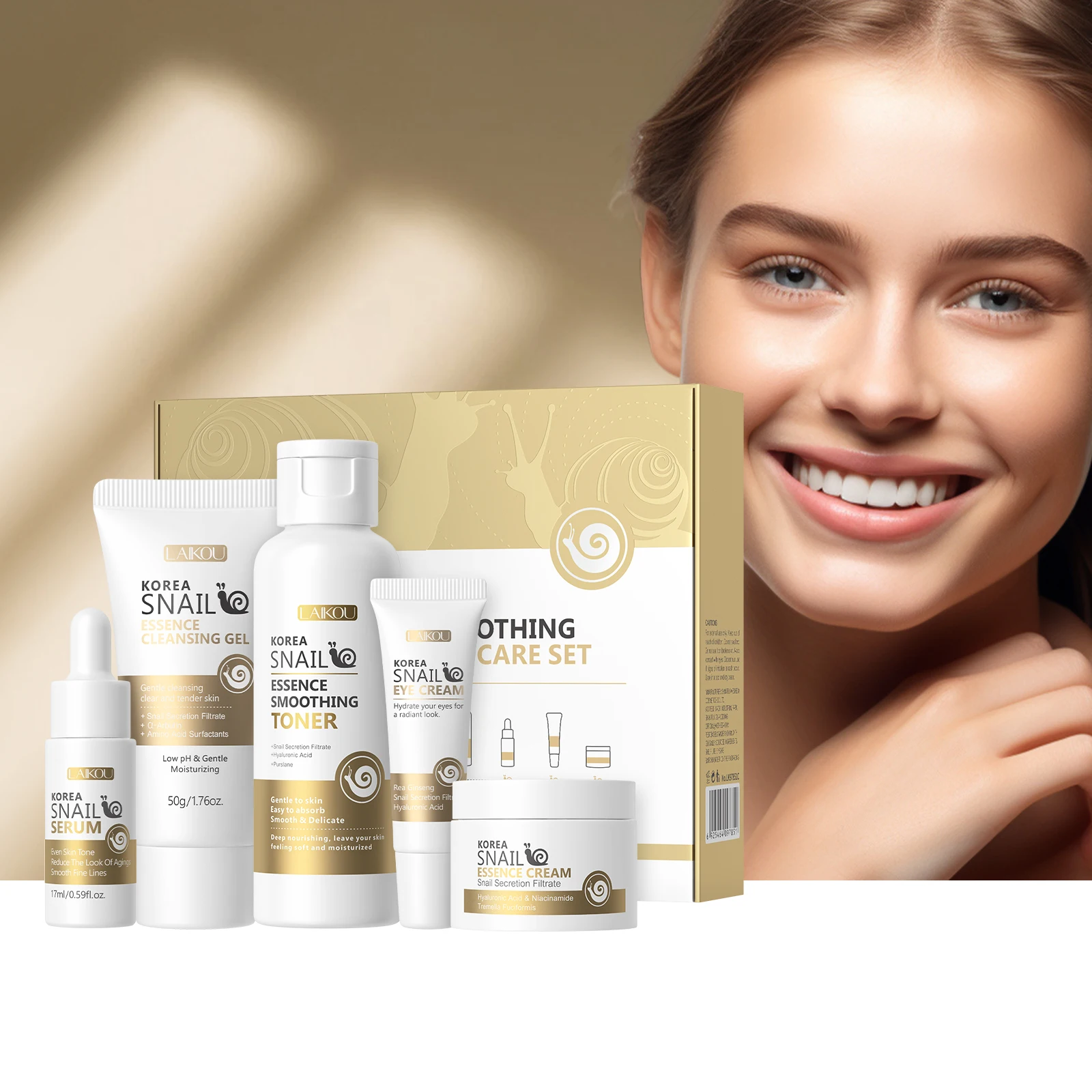 LAIKOU Korea Snail Revitalizing Skincare Set 5PCS Improve Elasticity Smooth Fine Lines Minimize Pores Complete Face Care
