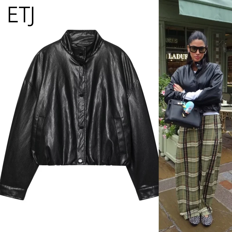

ETJ-22023, осенняя новая женская свободная куртка-пилот из искусственной кожи с высоким воротником, повседневное короткое кожаное пальто с длинными рукавами