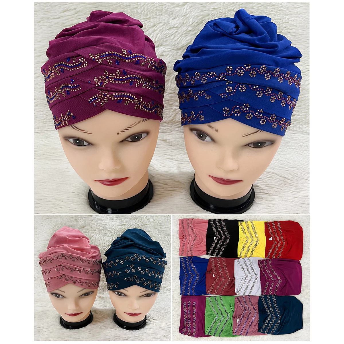 Wholesale 6/12 Pieces Order Fashion Muslim Female Turban Hat Velvet Hot Rhinestone Solid Indian Beanie Hair Bonnet Cap For Women