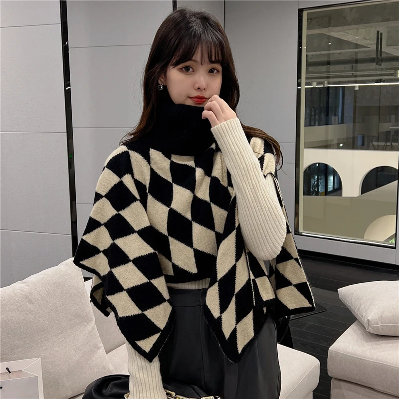 Spring Summer Irregular Shawl Turtleneck Knitted Sweater Ponchos Houndstooth Split Pullover Cape Jacket Knitwear Bat Sleeve Tops