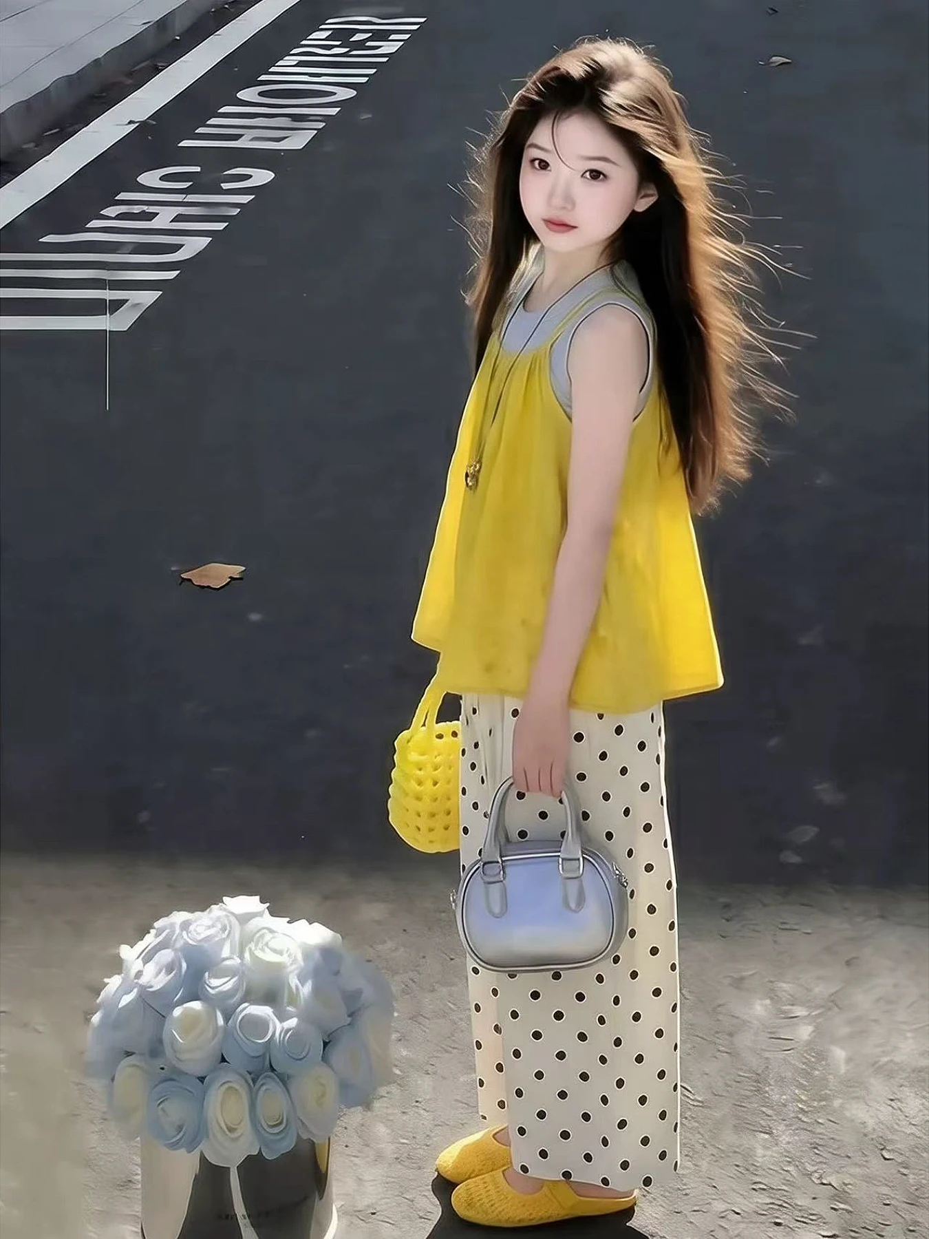 

Korean Style Summer Outfit for Girls Light Dots Mosquito Proof Vest Long Pants round Neck Sleeveless Vest And Pants Set