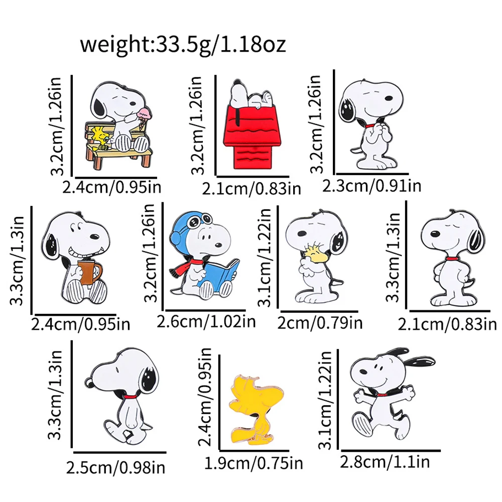 10er-Set Snoopy Emaille-Pins: Cartoon Charlie Brown, Woodstock, Kawaii Anime Metallbroschen, niedliche Anstecknadeln für Rucksäcke – Detail 1