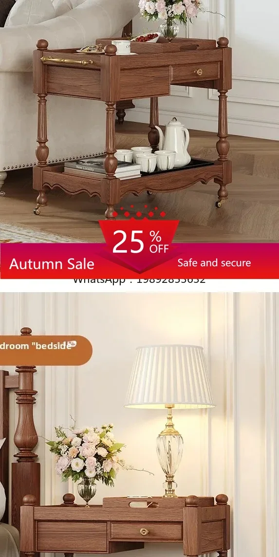 

zz Solid Wood Side Table Movable Sofa Side Table Living Room Bedroom Vintage Small Cart