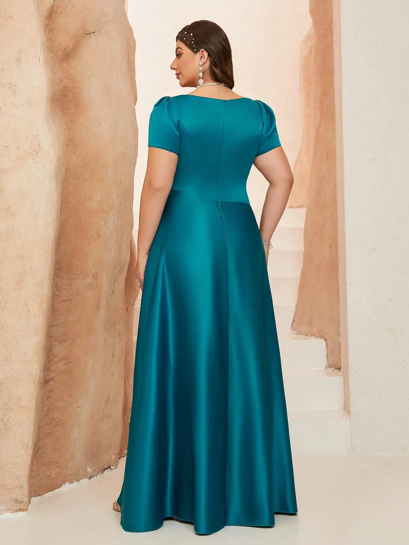Mgiacy New Arrival V neck  Solid Color Bridesmaid Dress Ruched Puff sleeve Satin Long dress