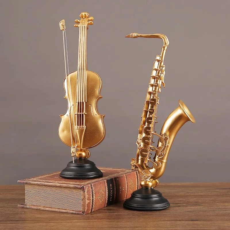 Golden violin saxophone resin model ornaments,musical instrument arts,Retrol home,living room,TV cabinet decoration Special Gift