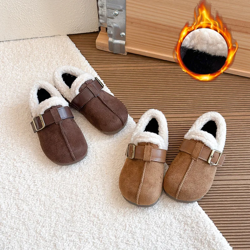 

Girls Flat Shoes Retro Soft Sole Kids Warm Shoes Suede Casual Korean Style 2025 Winter Children Fashion Shoes Hook&loop Non-slip