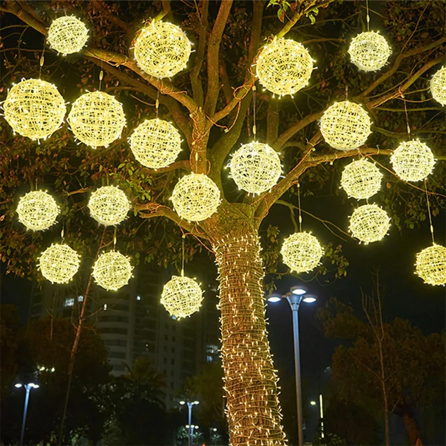 5 IN 1 Weihnachtskugel-Lichterkette für den Außenbereich, Durchmesser 20/30 cm, Weihnachtsgirlande, Rattan-Kugel, Lichterkette für Urlaub, Party, Dekoration