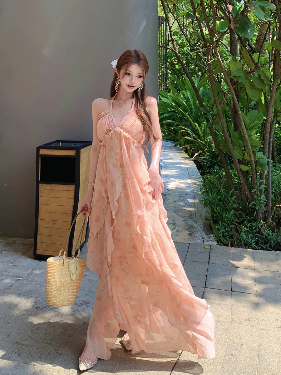 

Stunning Sexy Backless Chiffon Dress Women's Holiday Beach Vacation Beautiful Necktie Pure Desire Long Skirt Summer Fashion