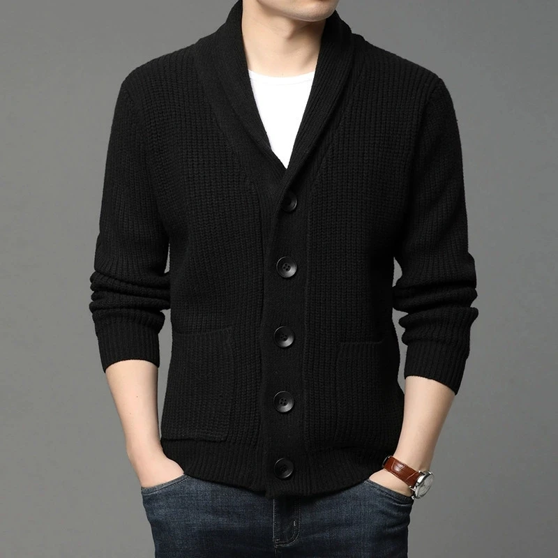 

New men's long sleeved sweater with cardigan pocket, elegant and fashionable high neck solid color knitted sweater for men