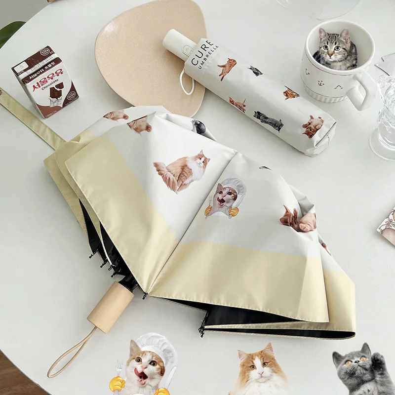 Cat Umbrella Cute Heart Full Automatic Sun Umbrella Black Coating Animal Women Lovely Cat Parasol