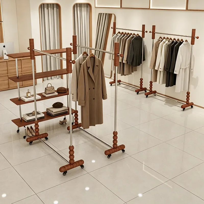 Women's Clothing Store Display Rack Floor to Ceiling Movable Stainless Steel Garment Rack for Antique Shop Retail Apparel