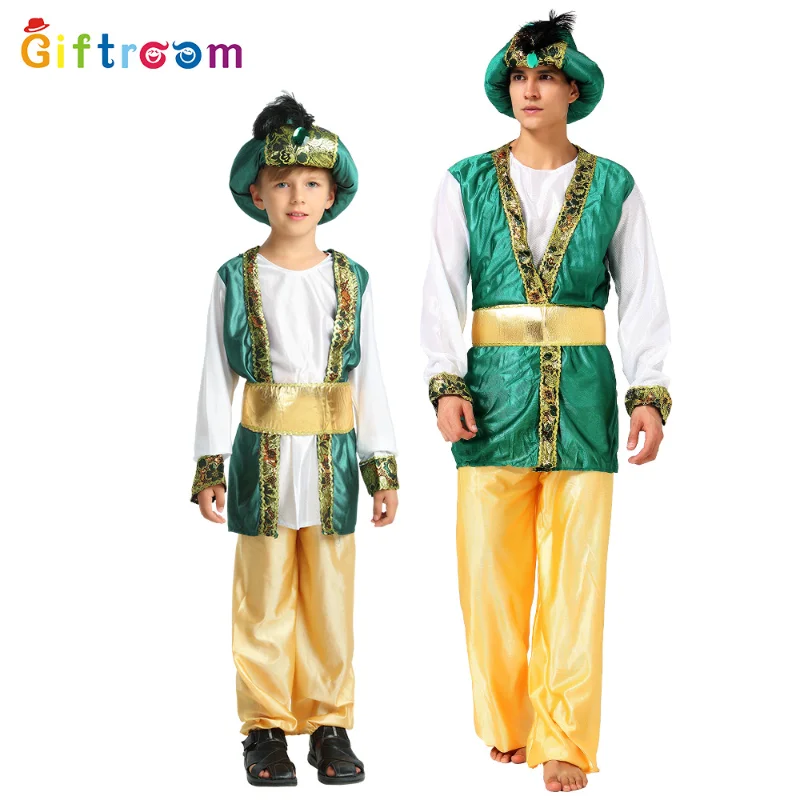 Halloween Party Costume Muslim Dubai Chief Parent Child Costume Arab Aladdin Green Prince Stage Role Playing Costume