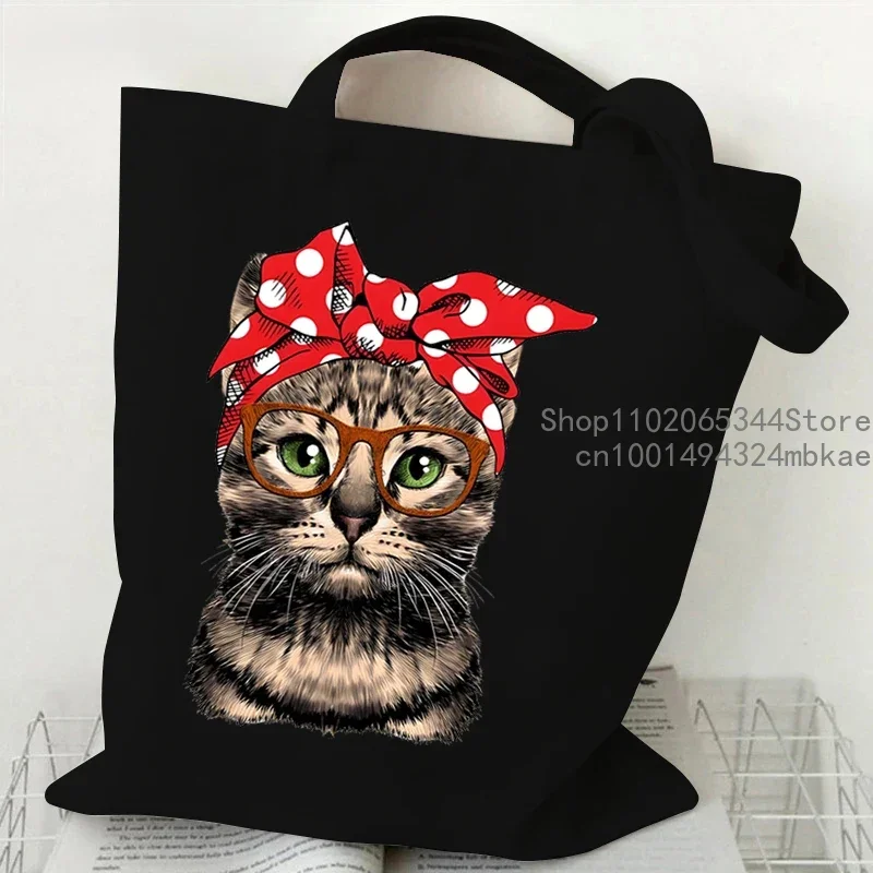 Funny Cow Cat Handbag Women Cartoon Aesthetics Kitten Design Shopping Bags Teen Cat Lover Reusable Tote Bag Female Shoulder Bag