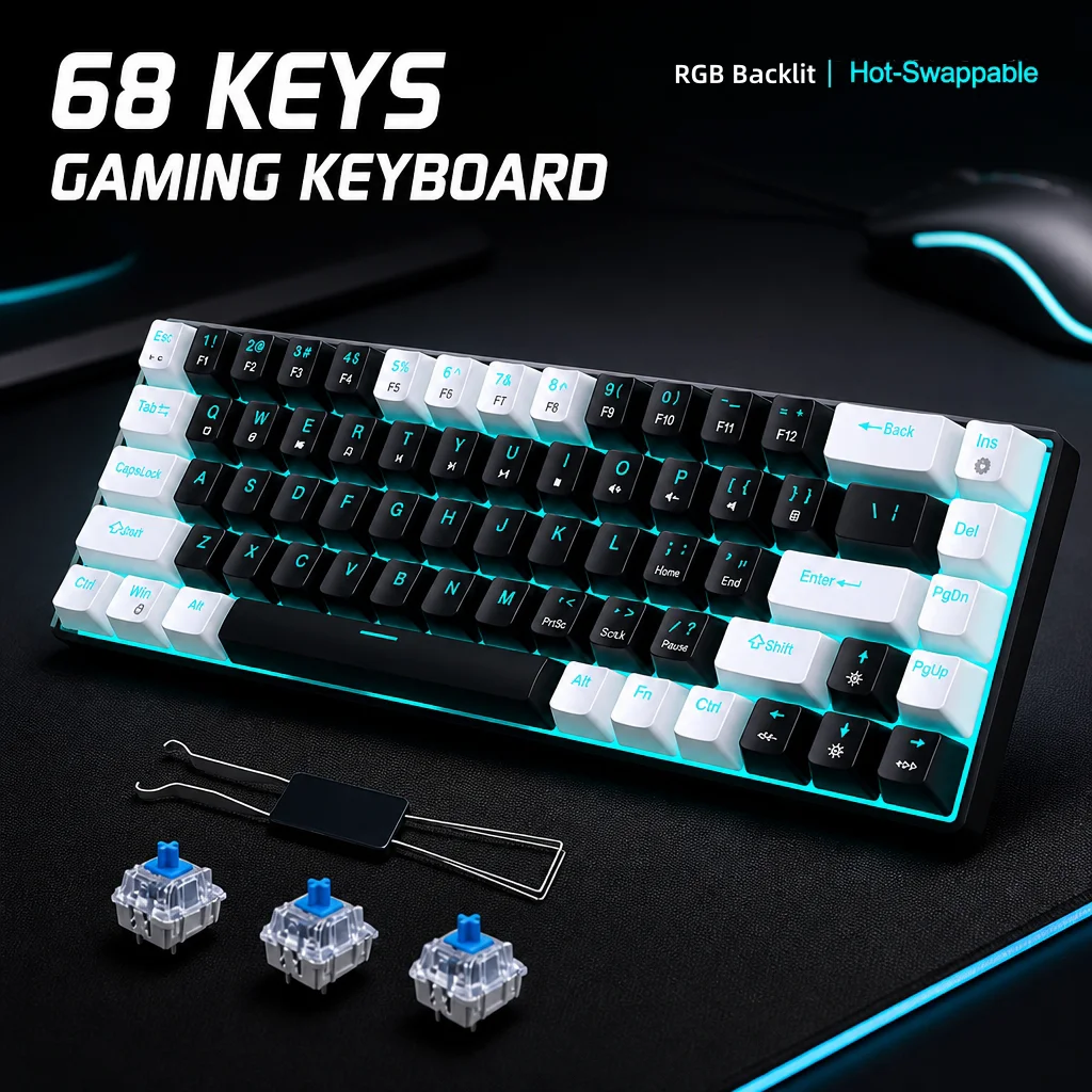 HXSJ 68-key Mechanical Keyboard with Magnetic Switches, Wired, 65% Gaming Keyboard, Fast Trigger, Hot-Swappable, DIY Keycaps.