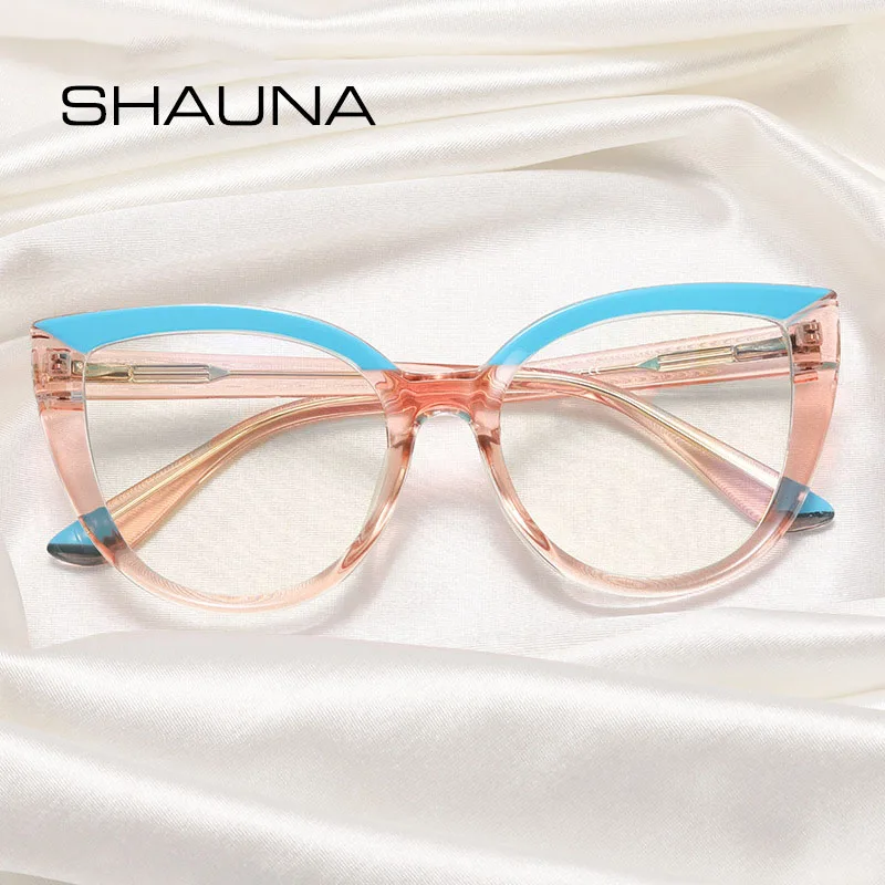 

SHAUNA Fashion Cat Eye Spring Hinge Women Double Color Glasses Frame Retro Anti-blue Light Eyewear Men Optical Blue Green Frame