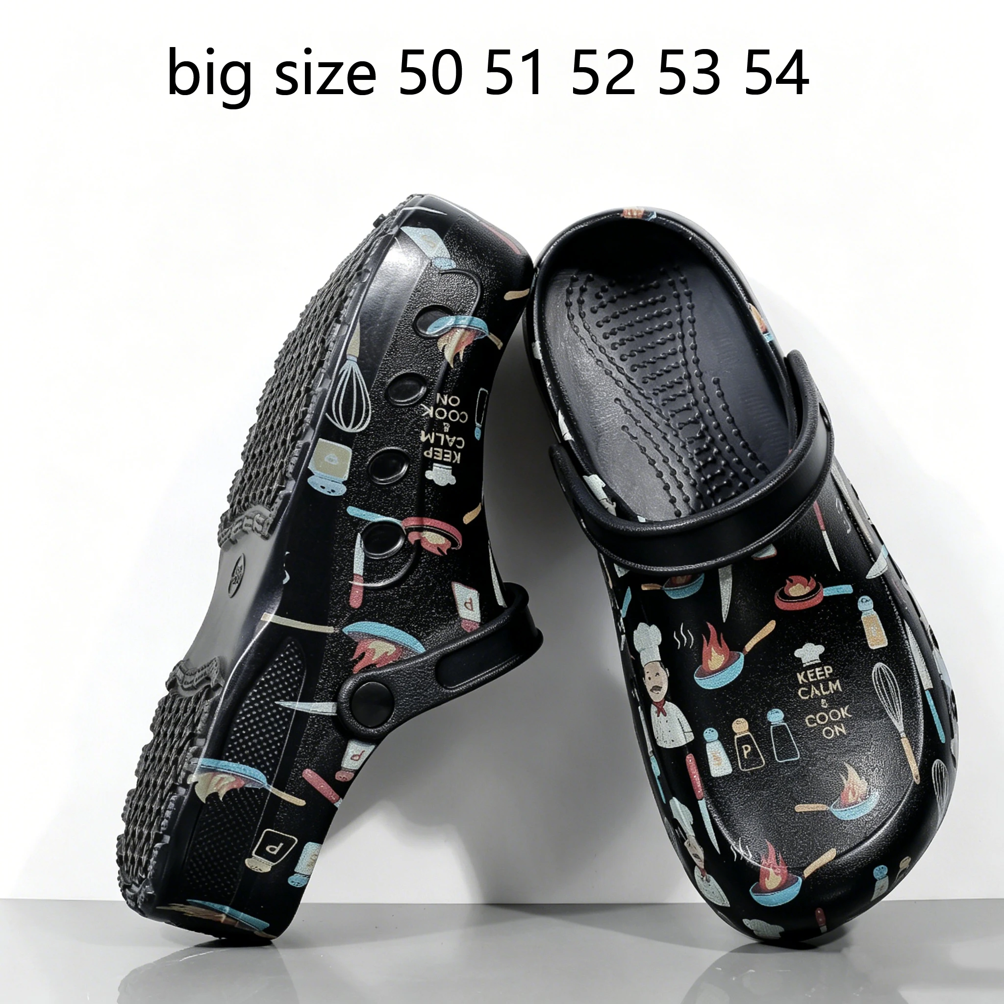 Plus Size 50 51 52 53 54 Chef Clogs with Cartoon Print Non-Slip Kitchen Work Shoes for Restaurant Staff Waterproof Oil Resistant