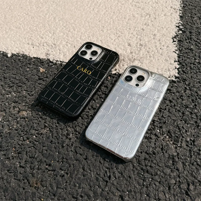 Personalise Gold Silver Initial Crocodile Luxury Leather PU Cases For Iphone 14 12 11 13 15 16 17 Pro Max 14 15 plus Hard  Cover