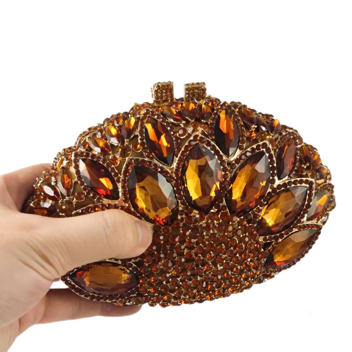 Boutique De FGG Women Brown Peacock Crystal Clutch Evening Bags Wedding Party Prom Bronze Rhinestone Clutches Handbag Purse