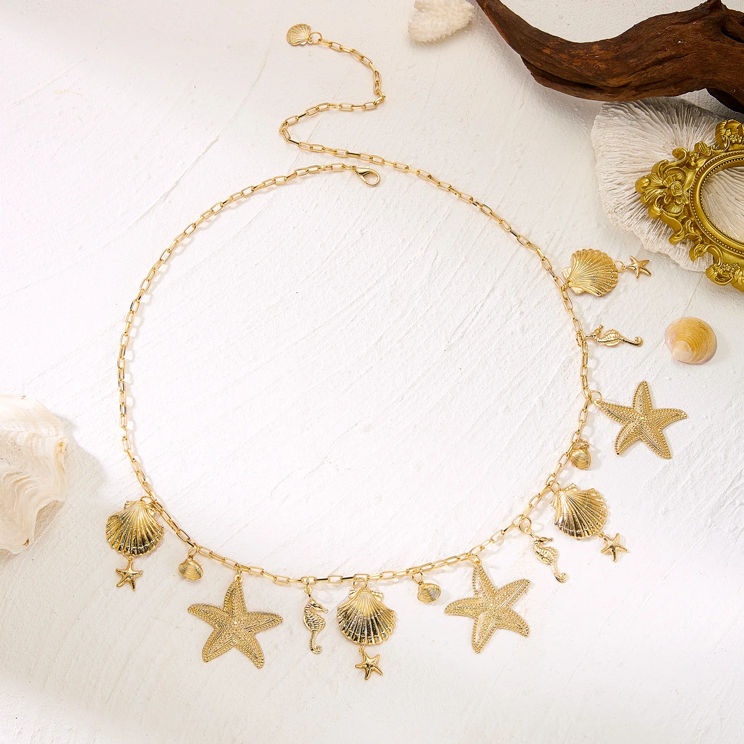 Boho Metal Starfish Shell Conch Seahorse Pendant Waist Chain For Women Gold Color Sea Star Belly Chain Beach Bikini Body Jewelry