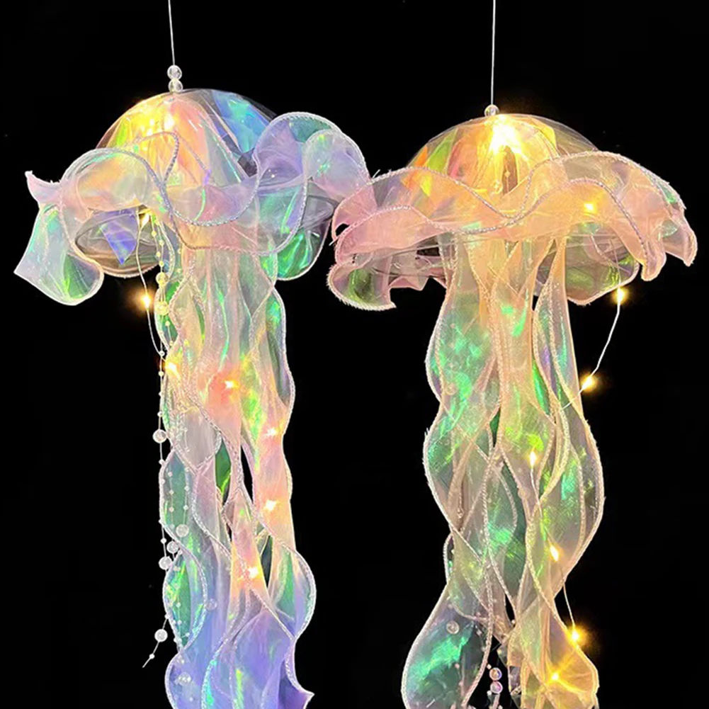 Jellyfish Bedroom Light Lamp Button Battery Hanging Ceiling Lantern Realistic with Ribbon&Bead for Children Bedroom