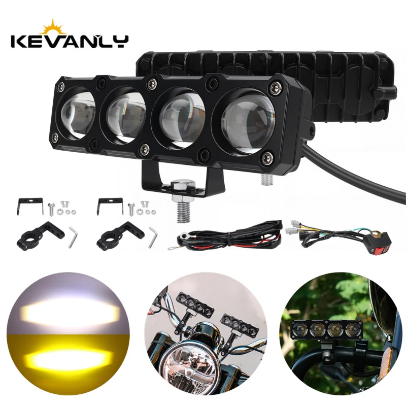 1/2PCS 3/4Lens Motorcycle LED Spot Light Set Super Bright White Yellow Flash High Low Beam Laser Headlight Driving Light