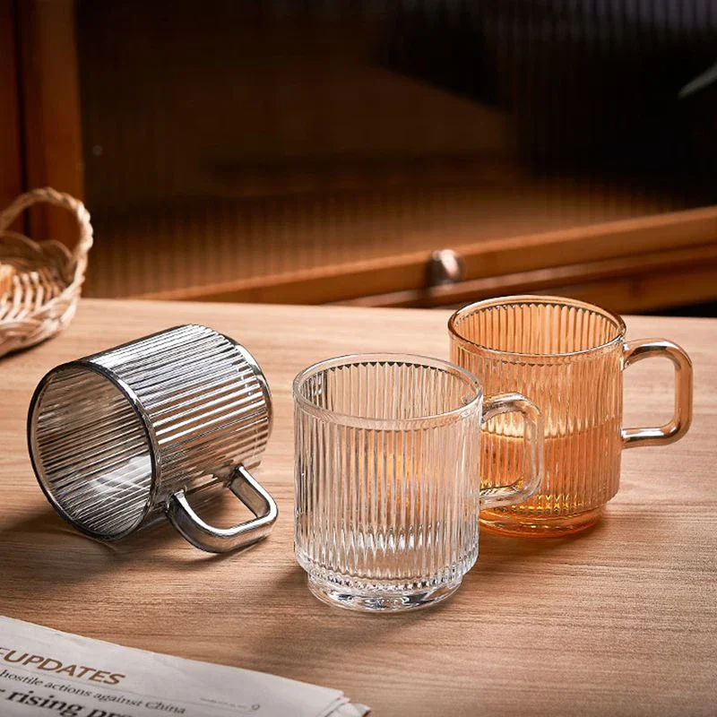 Japanese-Style Vertical Stripes Glass Cup with Handle, Milk Mug, Juice Cup, Coffee Cup, Bamboo Wood Cover, Kawaii Bar Glassware