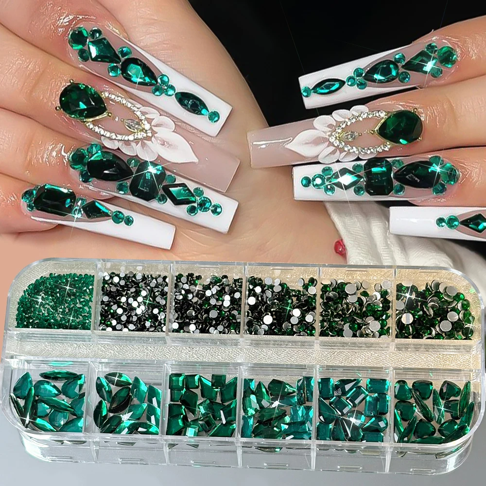 2000 sztuk+ Kryształki do zdobienia paznokci w różnych kształtach, czerwone, szklane diamenty K9, czerwone okrągłe koraliki, ozdoby do paznokci, 12 przegródek, płaskie elementy do paznokci