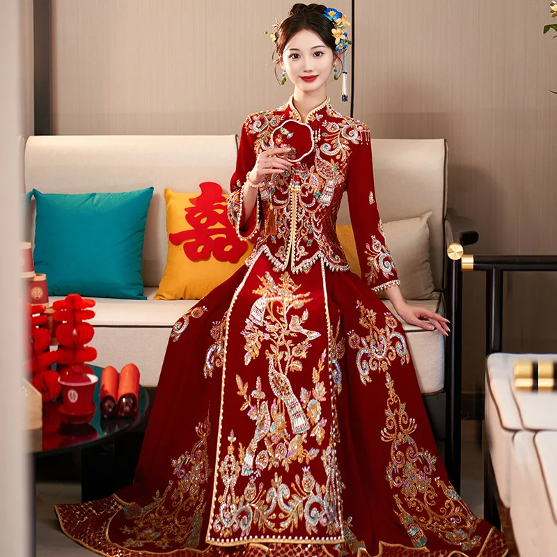 

Yourqipao Velvet Xiuhe Sets 2024 Bridal Wedding Dress Chinese Embroidery Toast Clothing Beaded Xiuhe Ancient Wedding Dresses