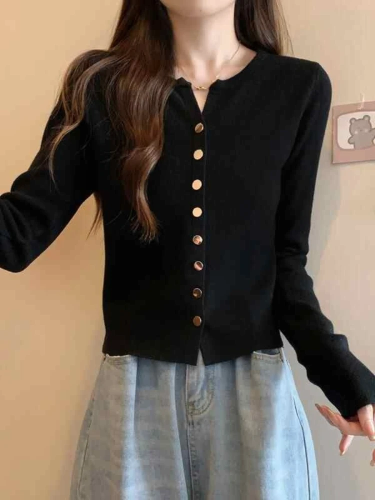 AOSSVIAO 2026 Autumn Winter Black Thin Cropped Knit Women Cardigan Petite Slim Long Sleeve Sweater Outerwear Single Breasted Top