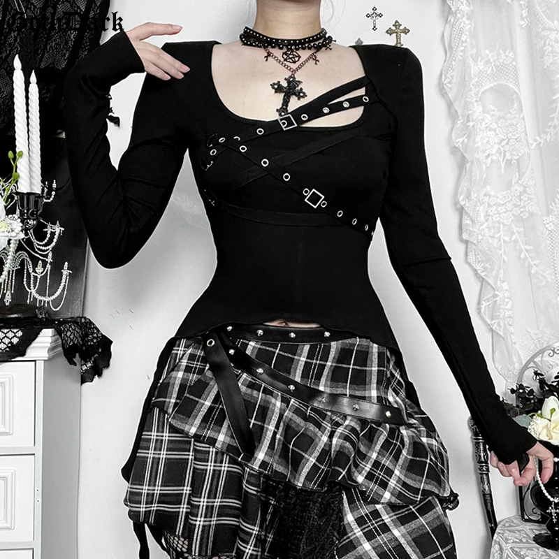 

Goth Dark Punk Rivet Sexy Long Sleeve T-shirts Mall Gothic Slim Black Asymmetrical Tops for Women Casual Tees Streetwear Y2K