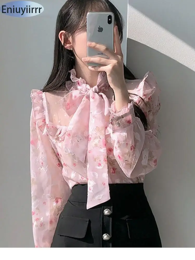 Hot Sales Long Sleeve Chiffon Print Floral Shirts Single Breasted Button Cute Sweet Bow Tie Women Ruffled Chic Pink Tops Blusas