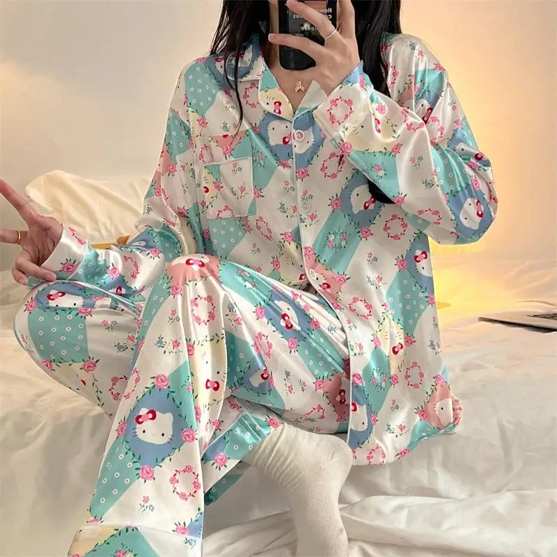 Miniso Kuromi Girl Leisure Time Flip Collar Pajama Set Spring and Autumn Kawaii Hello Kitty Comic Fashion Cardigan Leisure Wear